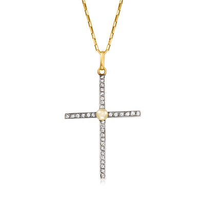 C. 1930 Vintage 4.5mm Cultured Pearl and .65 ct. t.w. Diamond Cross Pendant Necklace in Platinum and 18kt Yellow Gold
