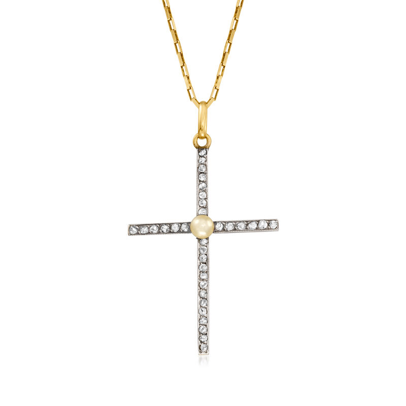 C. 1930 Vintage 4.5mm Cultured Pearl and .65 ct. t.w. Diamond Cross Pendant Necklace in Platinum and 18kt Yellow Gold. 16.75" image number 0