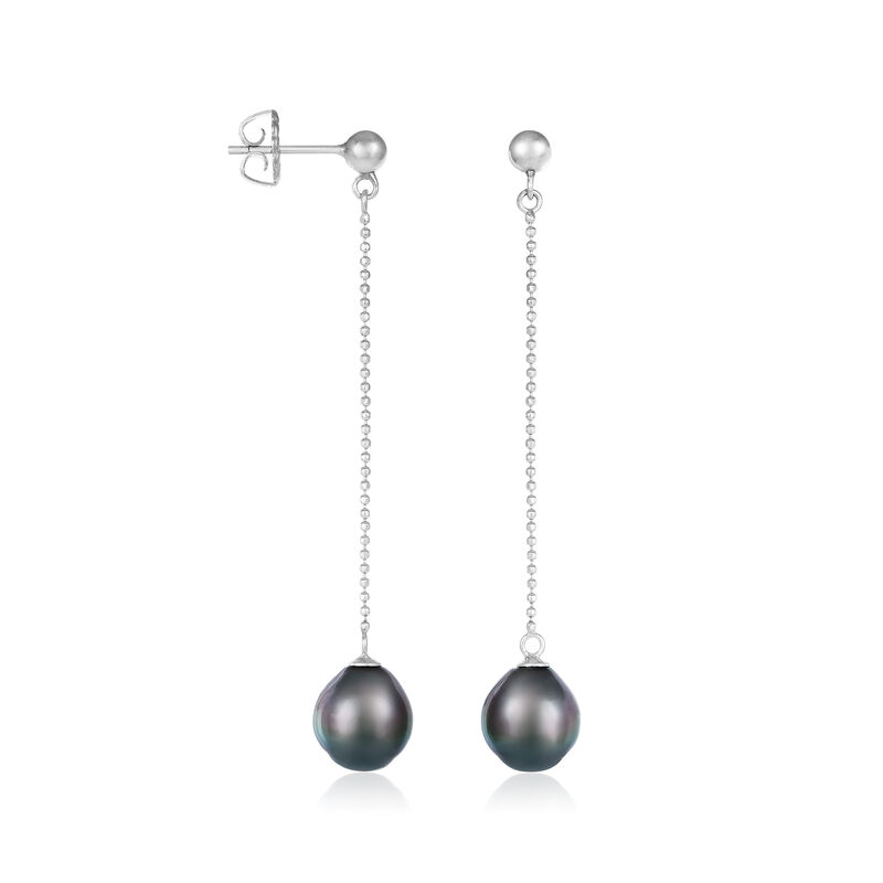 9-10mm Black Cultured Tahitian Pearl Drop Earrings in Sterling Silver image number 2