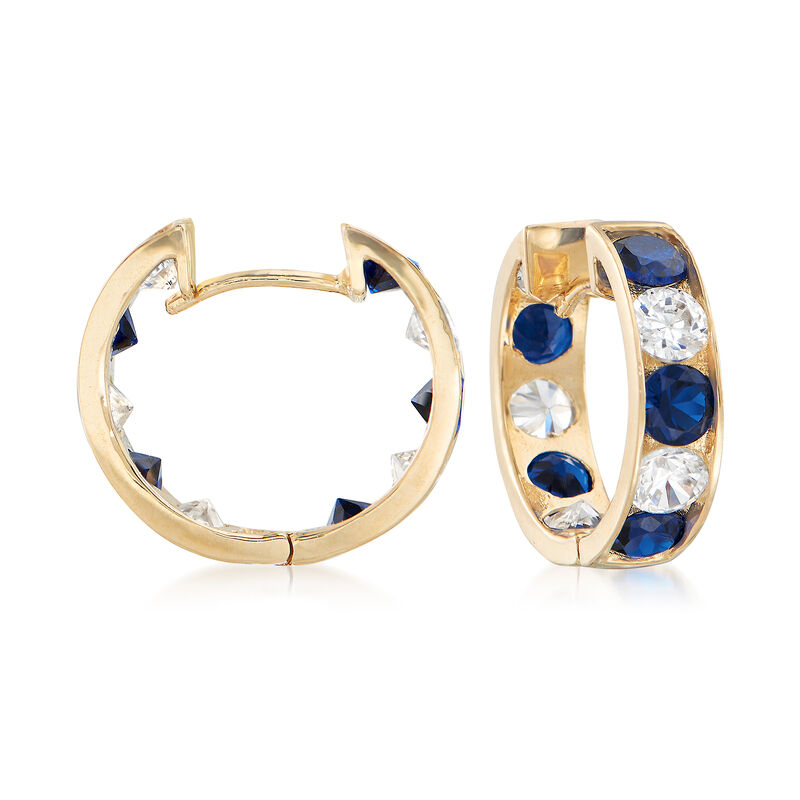 Simulated Sapphire and 1.00 ct. t.w. CZ Hoop Earrings in 14kt Yellow Gold. 3/8&quot; image number 0