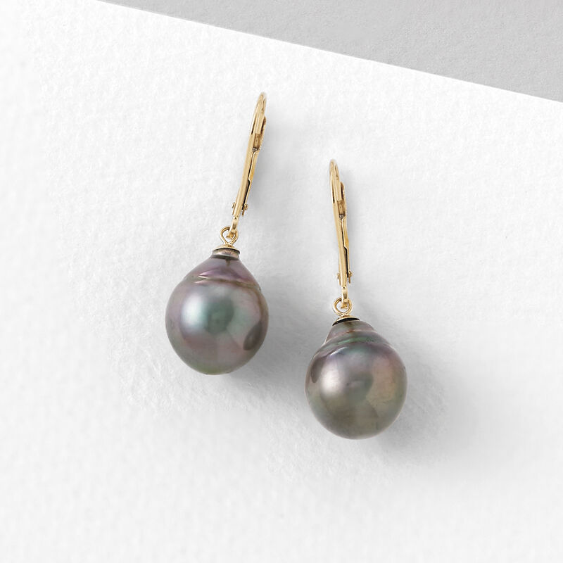11-12mm Black Cultured Tahitian Pearl Earrings in 14kt Yellow Gold image number 3
