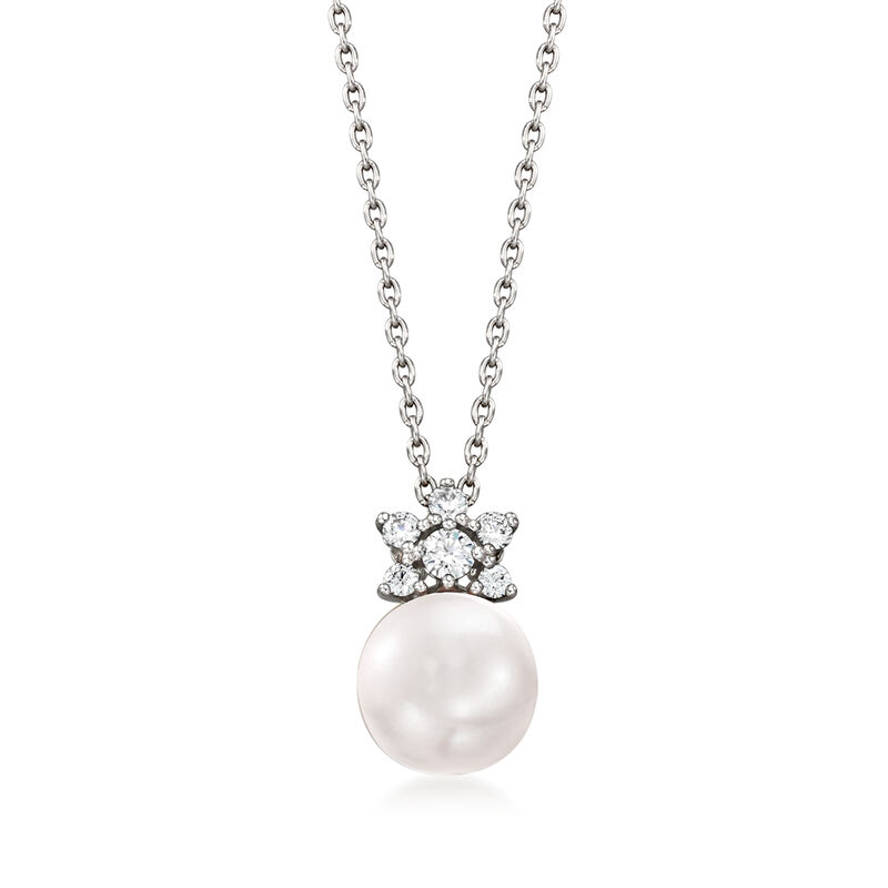 Mikimoto 8.25mm A+ Akoya Pearl and .11 ct. t.w. Diamond Pendant Necklace in 18kt White Gold. 19.5&quot; image number 0