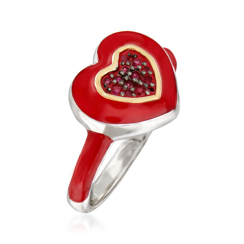 .15 ct. t.w. Ruby and Red Enamel Heart Ring in Sterling Silver and 14kt Yellow Gold image number 2