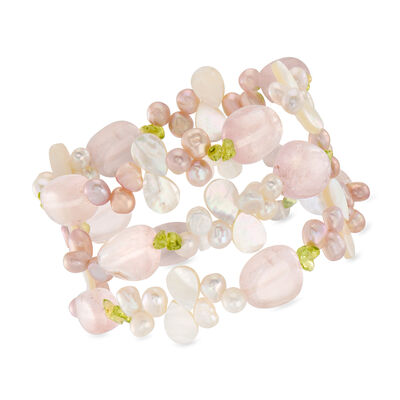5-6mm Cultured Pearl, 100.00 ct. t.w. Rose Quartz and 11.00 ct. t.w. Peridot Bead Jewelry Set: Three Stretch Bracelets