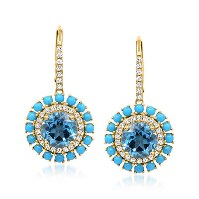 4.30 ct. t.w. Swiss Blue Topaz and .41 ct. t.w. Diamond Drop Earrings with Turquoise in 14kt Yellow Gold