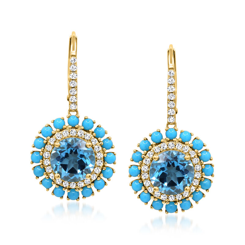 4.30 ct. t.w. Swiss Blue Topaz and .41 ct. t.w. Diamond Drop Earrings with Turquoise in 14kt Yellow Gold image number 0