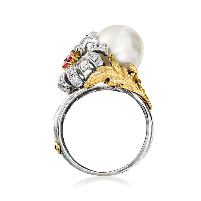C. 1990 Vintage 12.5x11.5mm Cultured South Sea Pearl Flower Ring with .50 ct. t.w. Diamonds and .20 ct. t.w. Rubies in Platinum and 18kt Yellow Gold. Size 7.5 image number 3