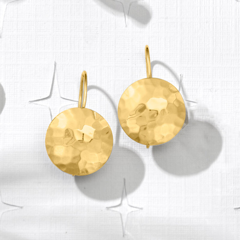 14kt Yellow Gold Hammered Disc Drop Earrings image number 3