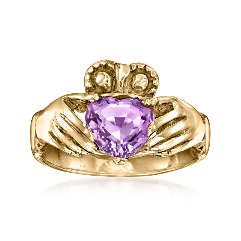 C. 1980 Vintage 1.80 Carat Amethyst Claddagh Ring in 14kt Yellow Gold image number 0