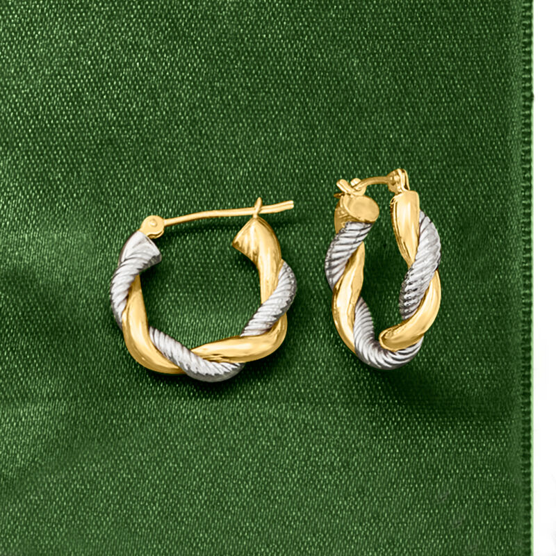 14kt Two-Tone Gold Twisted Hoop Earrings. 5/8&quot; image number 3