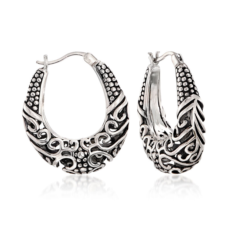 Sterling Silver Scrollwork Hoop Earrings. 1&quot; image number 0