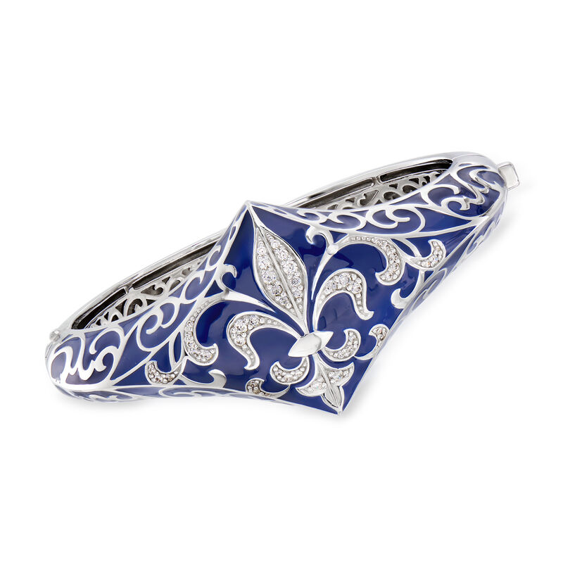 Belle Etoile &quot;Josephine&quot; Blue Enamel and .63 ct. t.w. CZ Bangle Bracelet in Sterling Silver. 7.5&quot; image number 0