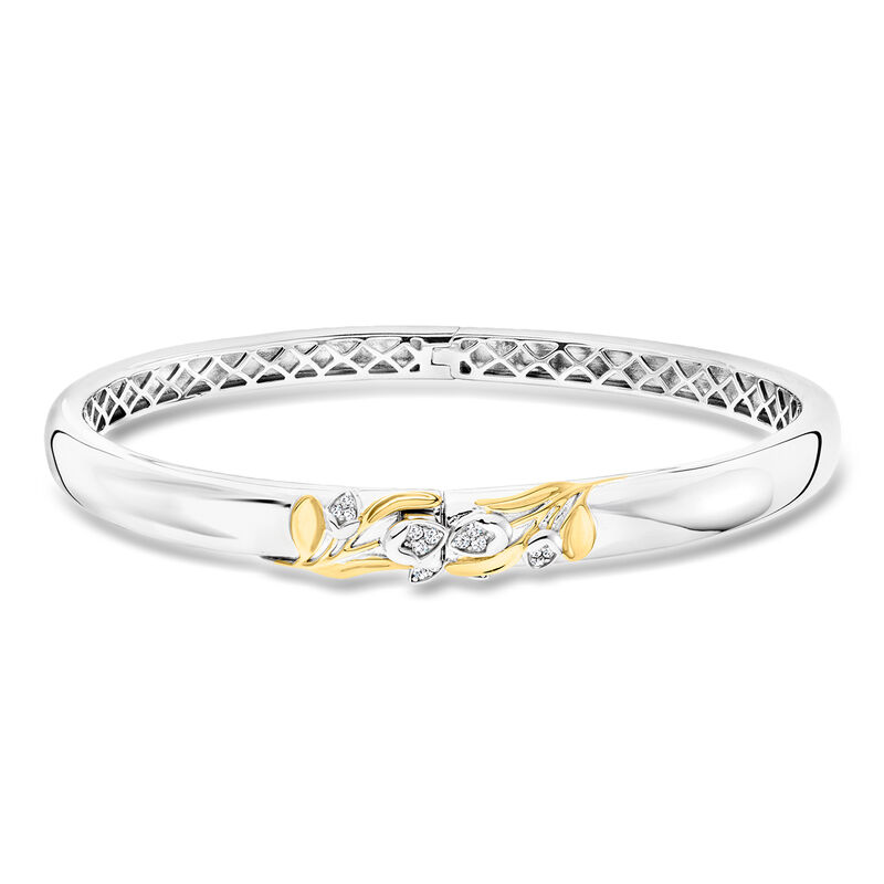 Charles Garnier "Secret Message - La Vie EST Belle" CZ Floral Bangle Bracelet in Sterling Silver with 18kt Gold Over Sterling. 7.5" image number 0