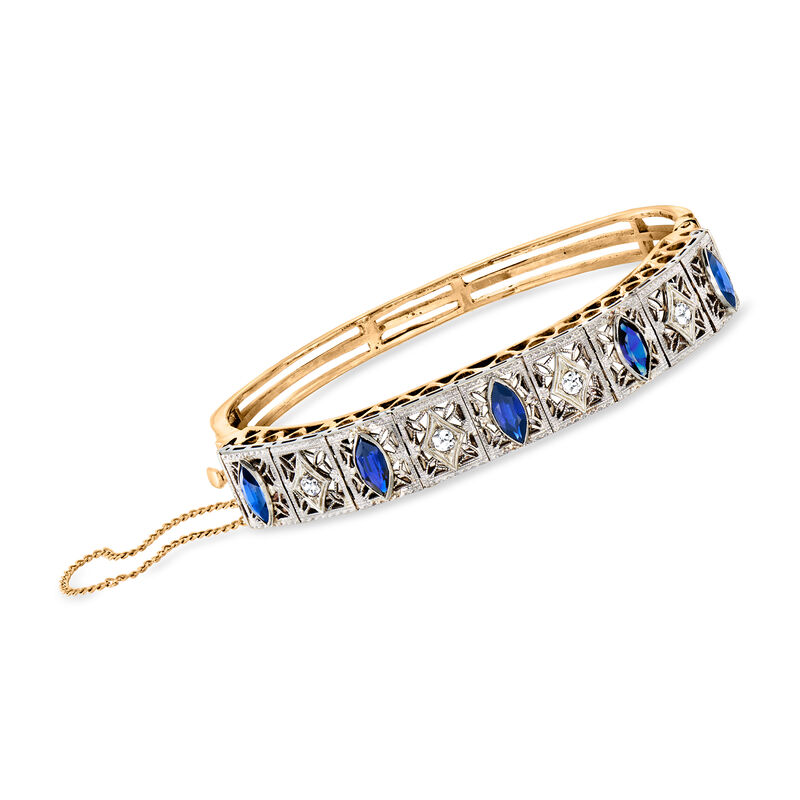 C. 1940 Vintage 3.00 ct. t.w. Synthetic Sapphire and .30 ct. t.w. Diamond Filigree Bangle Bracelet in 14kt Yellow Gold with Platinum. 7.5&quot; image number 0