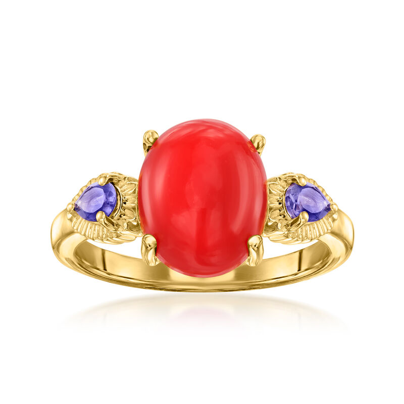 Coral Ring with .20 ct. t.w. Iolites in 18kt Gold Over Sterling image number 0