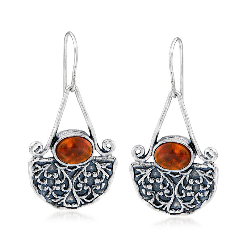 8x6mm Amber Fan Drop Earrings in Sterling Silver image number 0
