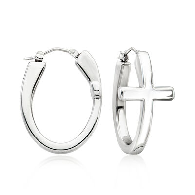 C. 1990 Vintage 14kt White Gold Sideways Cross Hoop Earrings