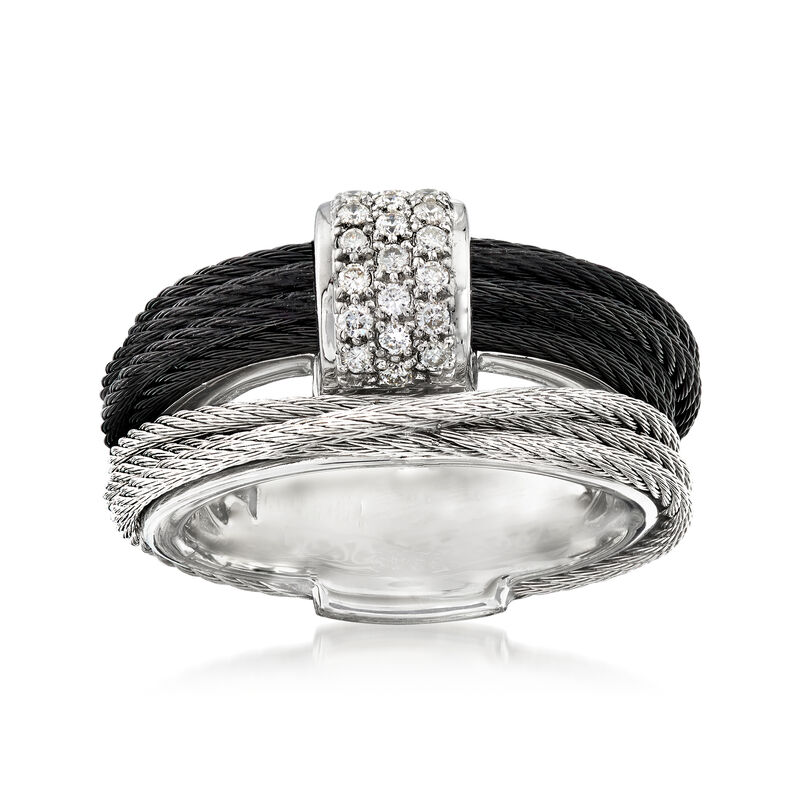 ALOR &quot;Noir&quot; .16 ct. t.w. Diamond Two-Tone Stainless Steel Cable Ring with 18kt White Gold image number 0