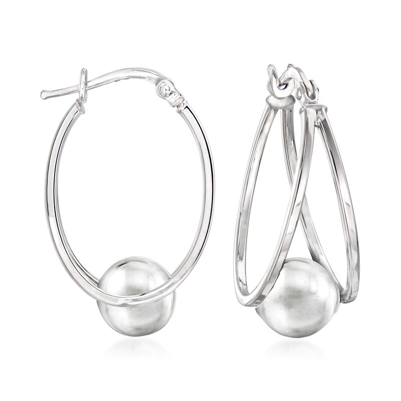 Sterling Silver Double-Hoop Earrings with Sterling Silver Beads. 1&quot; image number 0