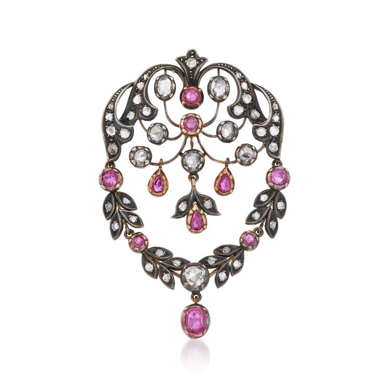 C. 1970 Vintage 2.20 ct. t.w. Ruby and 3.20 ct. t.w. Diamond Pin Pendant Necklace in Sterling Silver and 18kt Gold image number 2