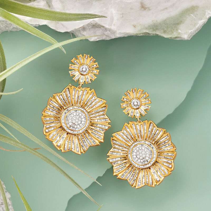 3.00 ct. t.w. Diamond Flower Drop Earrings in 18kt Gold Over Sterling image number 2