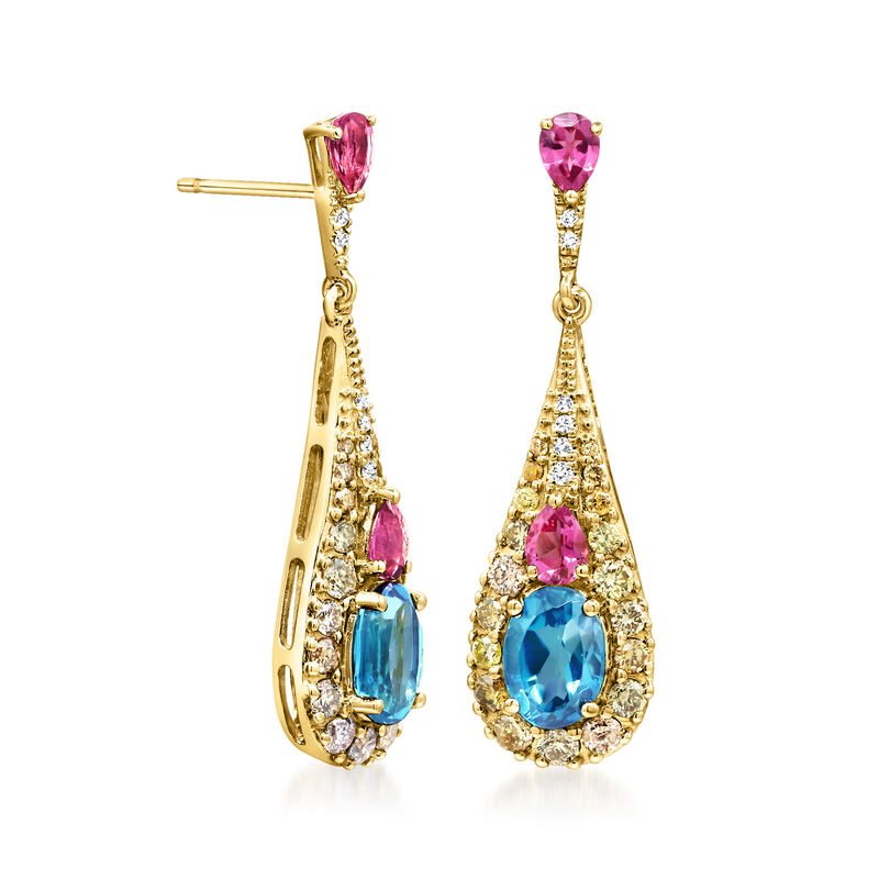 1.90 ct. t.w. London Blue Topaz and .50 ct. t.w. Pink Tourmaline Drop Earrings with .87 ct. t.w. Multicolored Diamonds in 14kt Yellow Gold  image number 1
