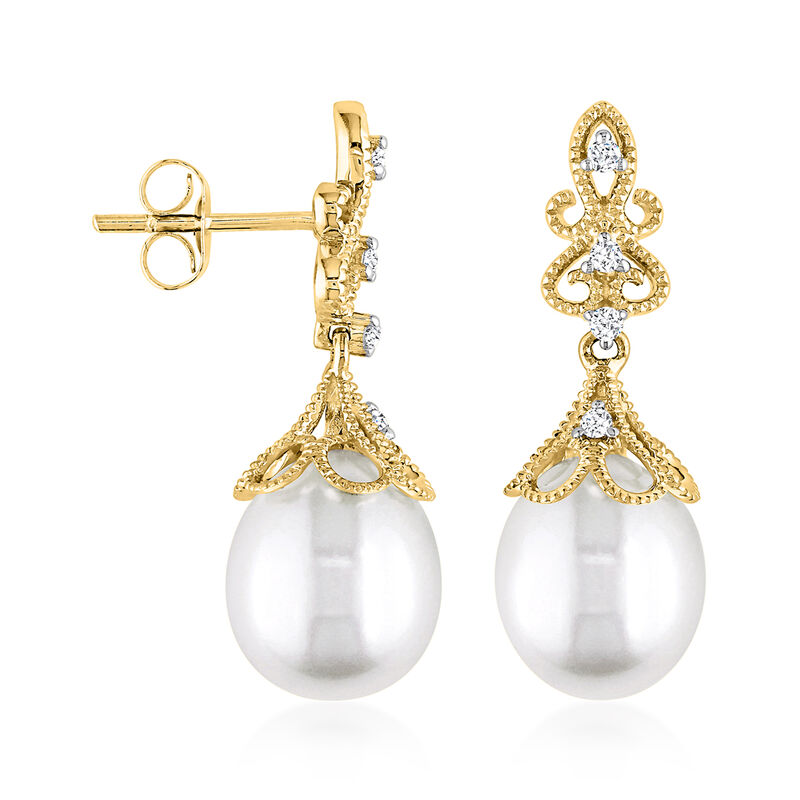 9-9.5mm Cultured Pearl Drop Earrings with Diamonds in 14kt Yellow Gold  image number 1