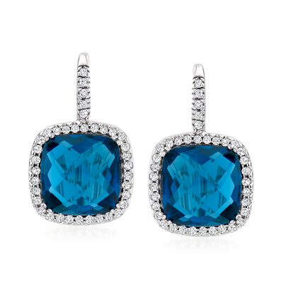 10.00 ct. t.w. London Blue Topaz Drop Earrings with .37 ct. t.w. Diamonds in 14kt White Gold