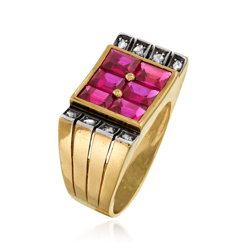 C. 1950 Vintage 2.70 ct. t.w. Synthetic Ruby and .12 ct. t.w. Diamond Ring in 18kt Yellow Gold. Size 8.5 image number 2