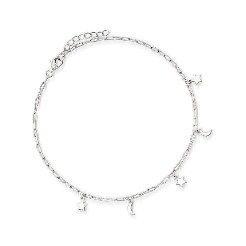 Sterling Silver Paper Clip Link Star and Moon Anklet image number 0
