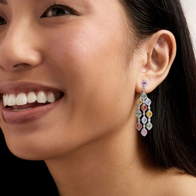 C. 2000 Vintage 9.90 ct. t.w. Multicolored Sapphire Chandelier Earrings with .16 ct. t.w. Diamonds in 18kt White Gold