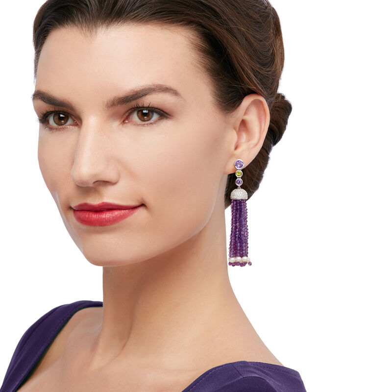 73.90 ct. t.w. Multi-Gemstone Bead Tassel Earrings in Sterling Silver image number 1