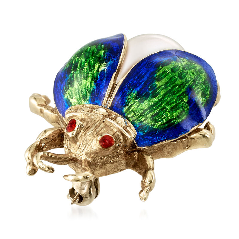 C. 1980 Vintage 9mm Cultured Pearl and Enamel Bug Pin in 14kt Yellow Gold image number 2