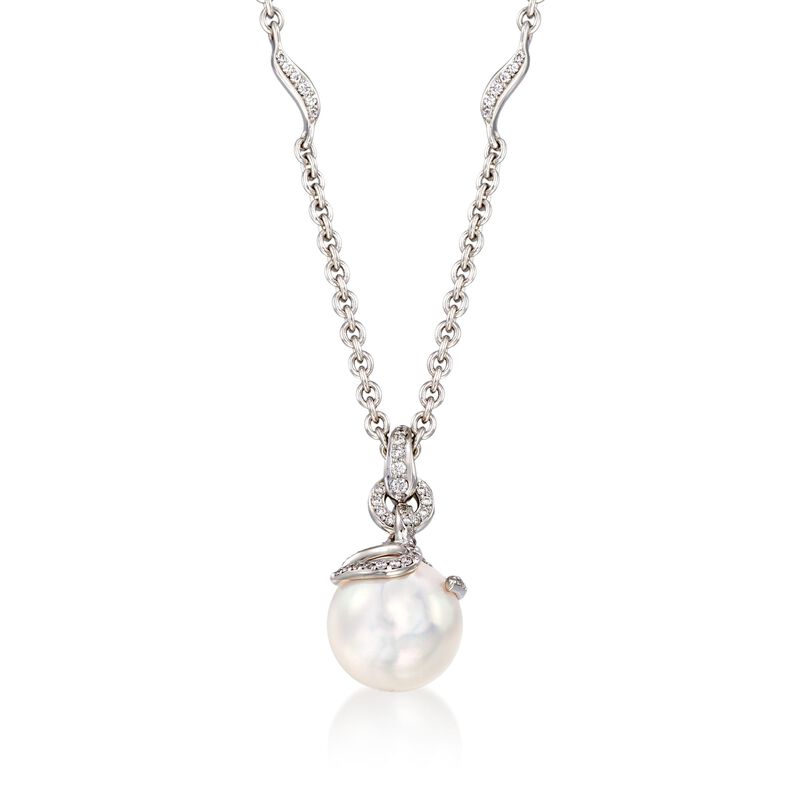 Mikimoto 8.5mm A+ Akoya Pearl Pendant Necklace with .15 ct. t.w. Diamonds in 18kt White Gold. 16&quot; image number 1