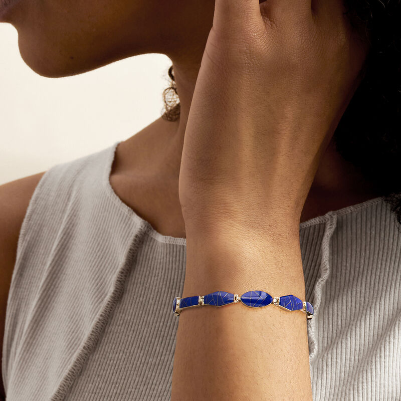 C. 1980 Vintage Lapis Mosaic Bracelet in 14kt Yellow Gold. 7" image number 1