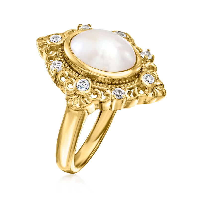 11x8mm Cultured Pearl and .40 ct. t.w. White Zircon Ring in 18kt Gold Over Sterling image number 2