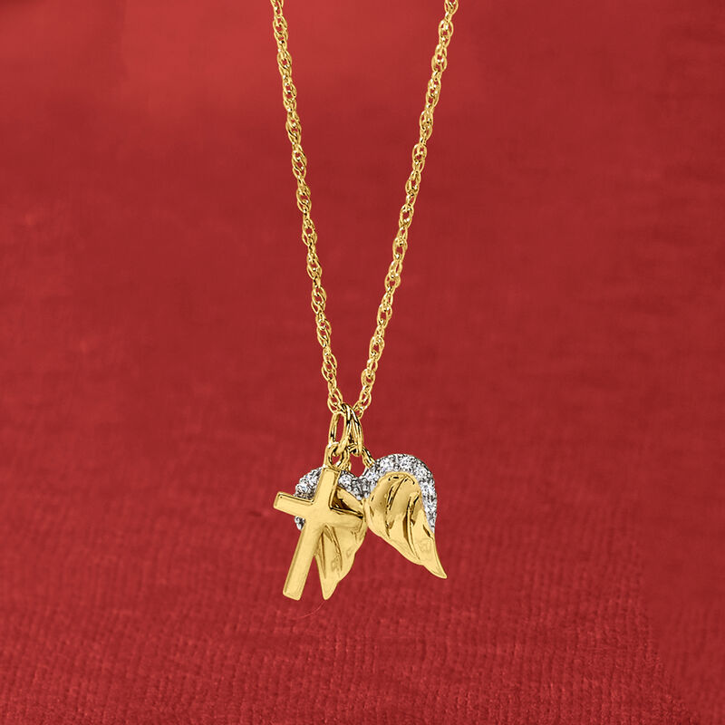 14kt Yellow Gold Cross and Angel Wings Pendant Necklace with Diamonds image number 6