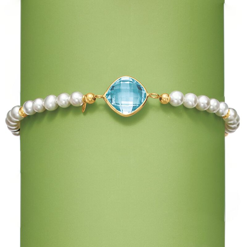 4.60 Carat Sky Blue Topaz and 4-5mm Cultured Pearl Bracelet in 14kt Yellow Gold  image number 2