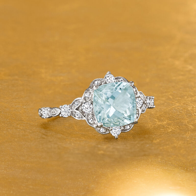2.10 Carat Aquamarine and .40 ct. t.w. White Sapphire Ring with Diamonds in 14kt White Gold image number 4