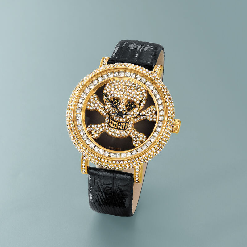 Saint James Women's 46mm Black and White Crystal Skull Watch with Black Leather in Goldtone image number 1
