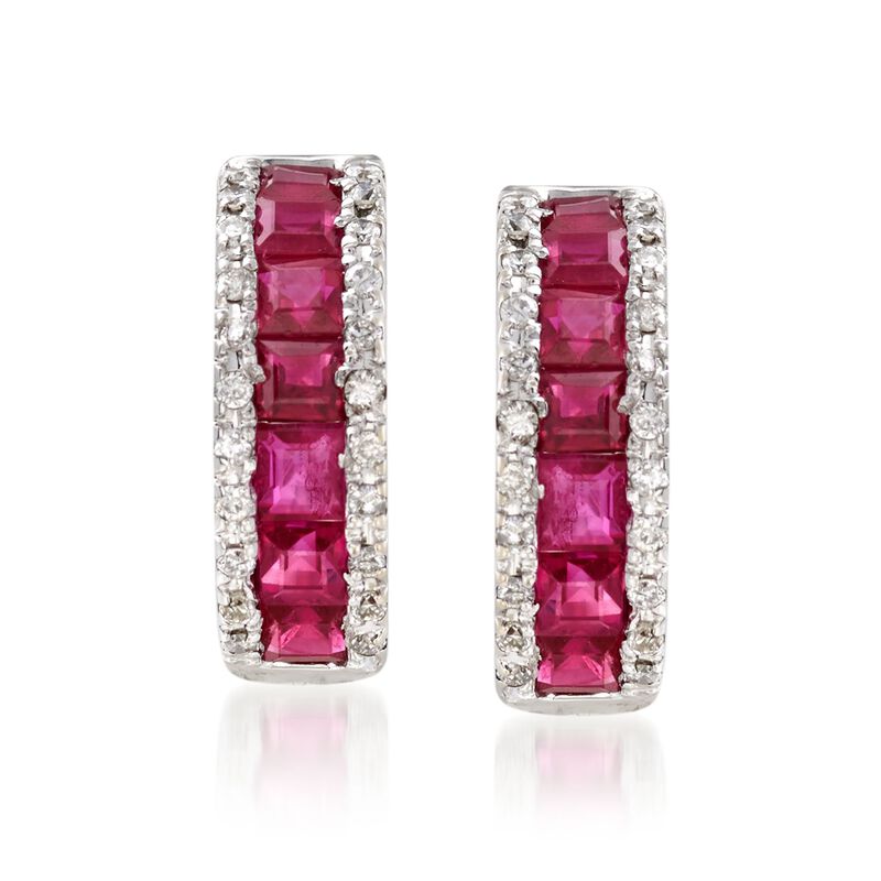 1.50 ct. t.w. Ruby and .30 ct. t.w. Diamond Huggie Hoop Earrings in 14kt White Gold. 1/2&quot; image number 0