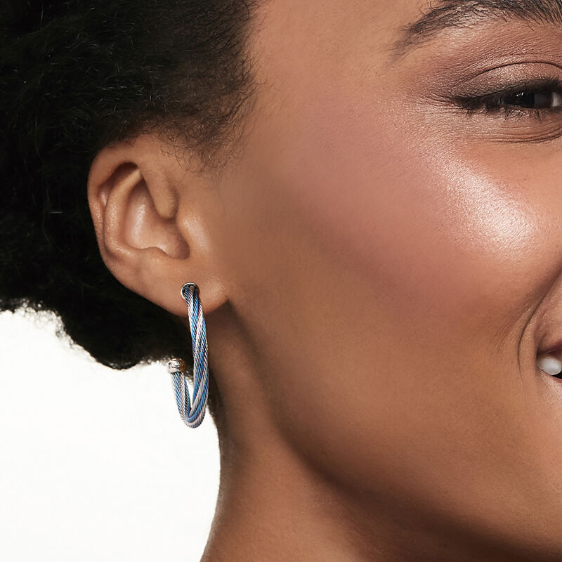 ALOR Caribbean Blue and Gray Stainless Steel Twisted Cable Hoop Earrings with 18kt White Gold image number 1