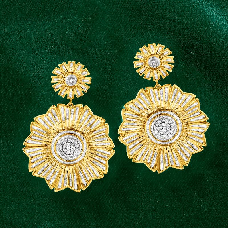 3.00 ct. t.w. Diamond Flower Drop Earrings in 18kt Gold Over Sterling image number 3
