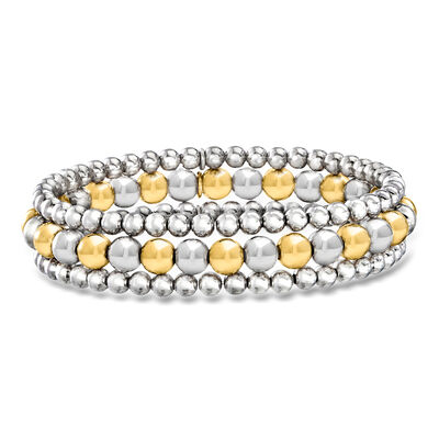 Italian Two-Tone Sterling Silver Jewelry Set: Three 4-6mm Bead Stretch Bracelets