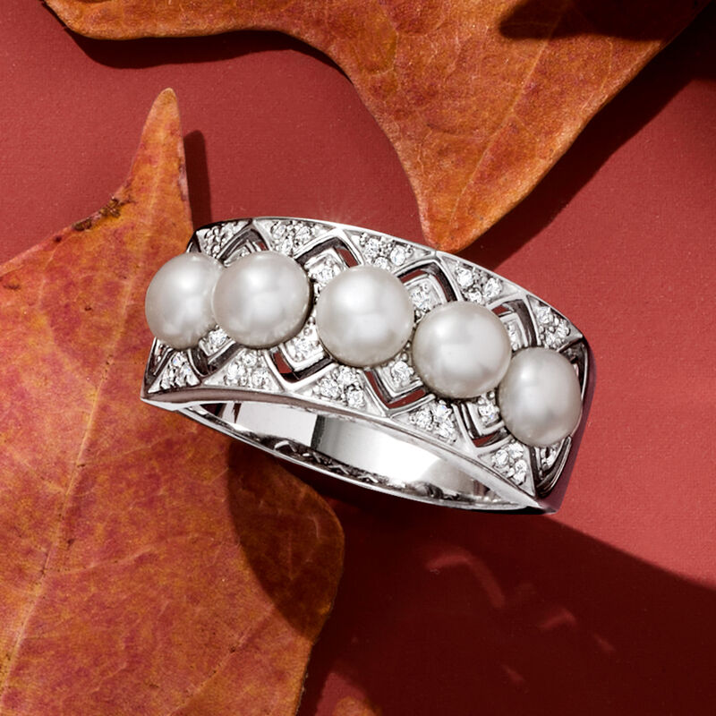 4.5-5mm Cultured Pearl and .11 ct. t.w. Diamond Ring in Sterling Silver image number 3