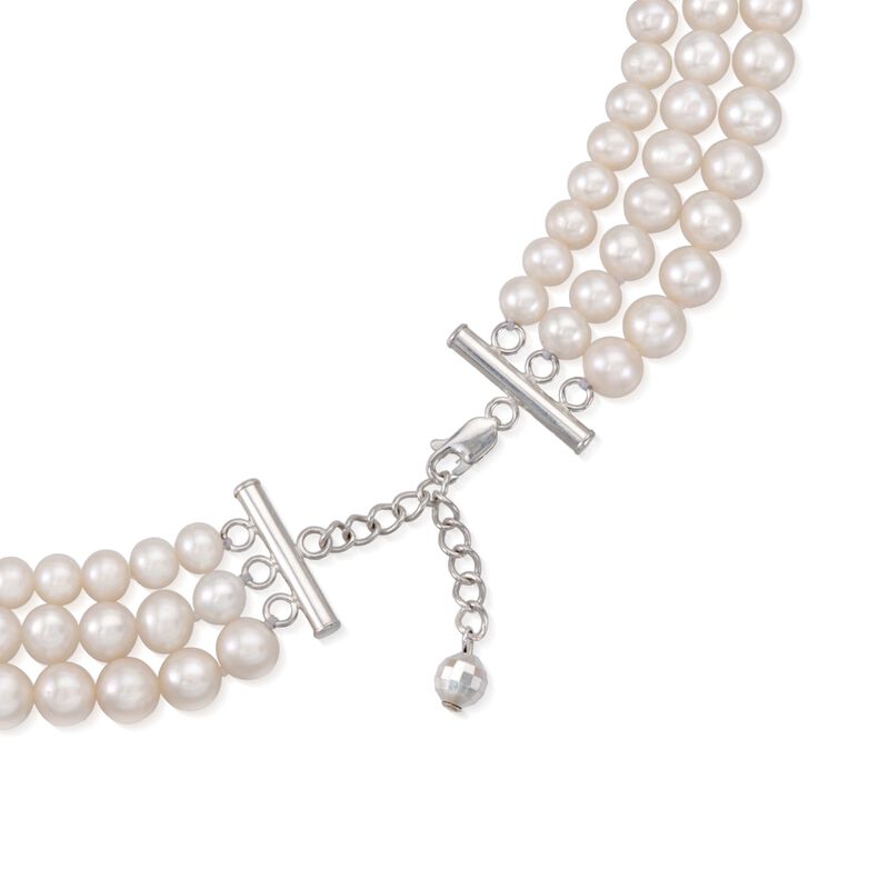 5-8mm Cultured Pearl Three-Strand Necklace with Sterling Silver image number 2