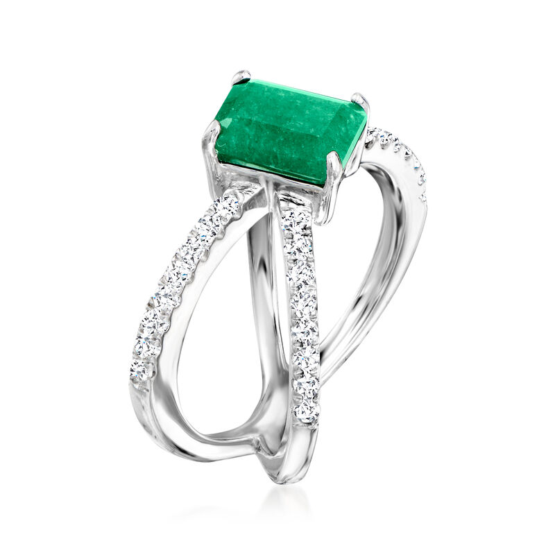 1.80 Carat Emerald and .60 ct. t.w. White Topaz Crisscross Ring in Sterling Silver image number 2