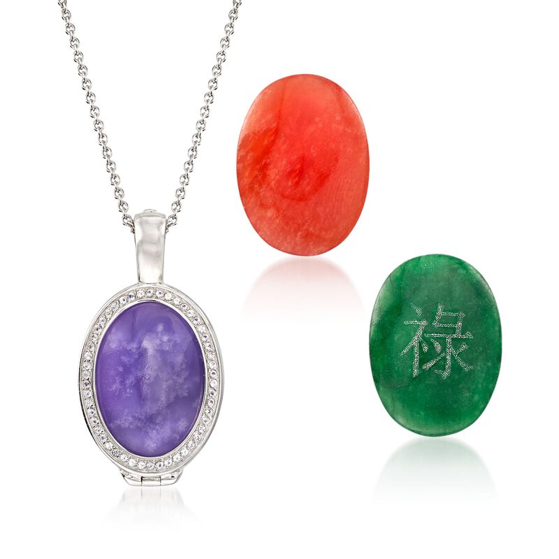 Multicolored Interchangeable Oval Jade Cabochon Pendant Necklace with .30 ct. t.w. White Topaz in Sterling. 18&quot; image number 1
