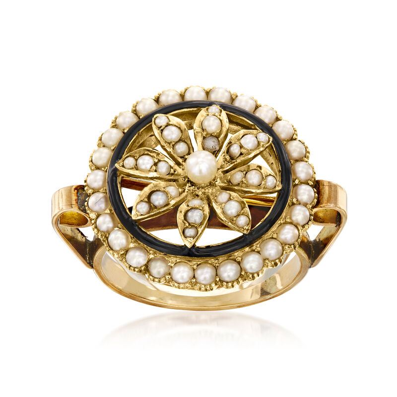 C. 1920 Vintage 2.5-3mm Cultured Pearl and Black Enamel Flower Ring with Seed Pearls in 15kt Yellow Gold. Size 8.5 image number 0