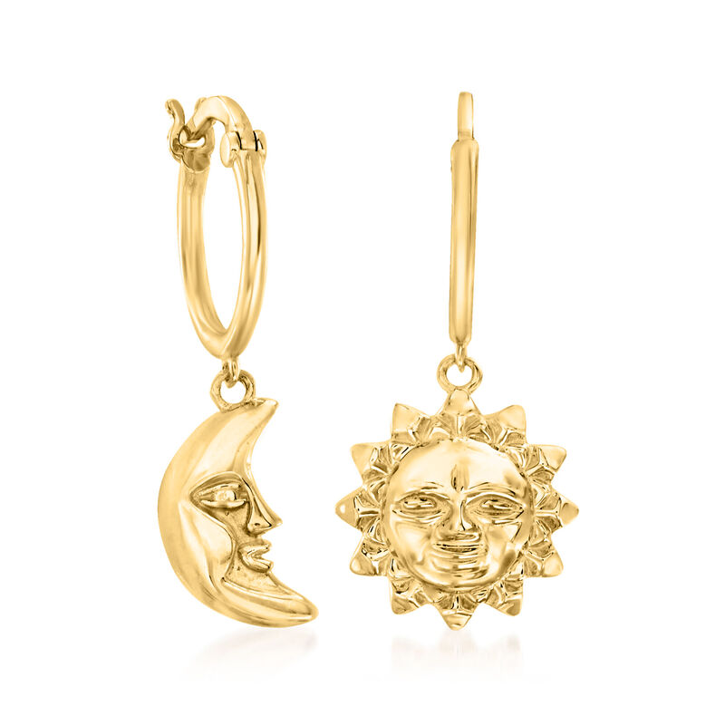 14kt Yellow Gold Sun and Moon Mismatched Huggie Hoop Drop Earrings image number 0